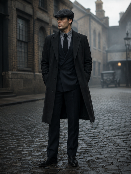 „Echtes Model im Vintage Herren Lodenmantel mit Schiebermütze und Anzug im Peaky Blinders Stil auf historischer Straße“