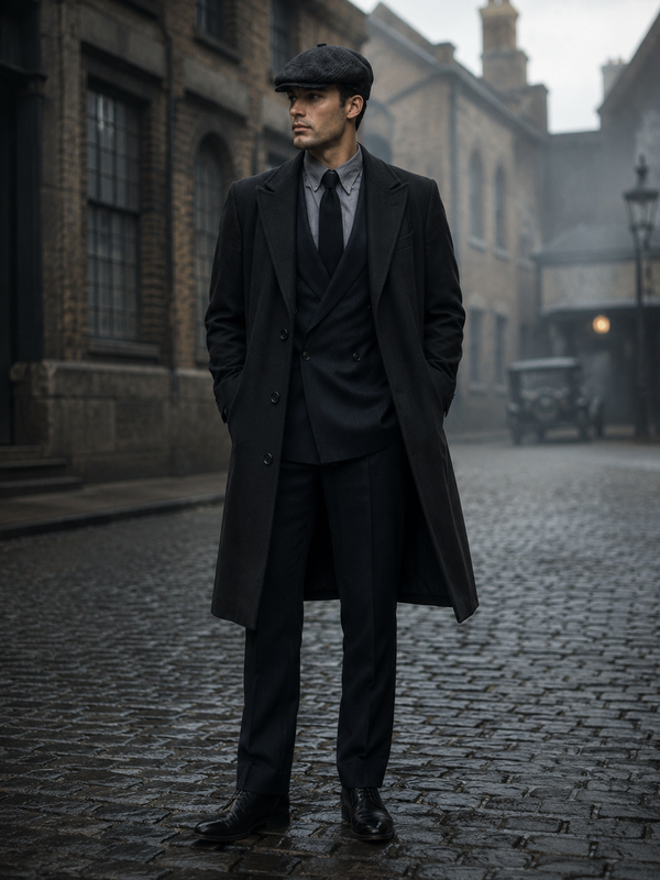 „Echtes Model im Vintage Herren Lodenmantel mit Schiebermütze und Anzug im Peaky Blinders Stil auf historischer Straße“