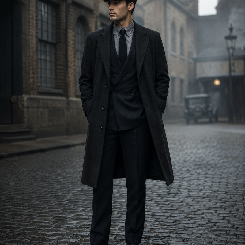 „Echtes Model im Vintage Herren Lodenmantel mit Schiebermütze und Anzug im Peaky Blinders Stil auf historischer Straße“