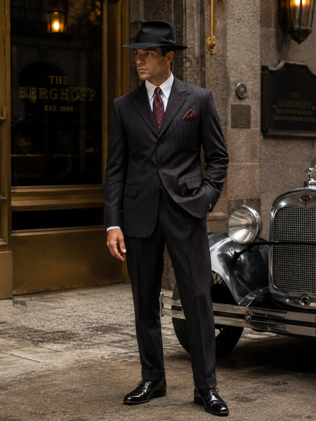 Herren Nadelstreifenanzug in Schwarz mit roten Streifen, Größe 94, mit Sakko und Hose im eleganten Gangster-Stil