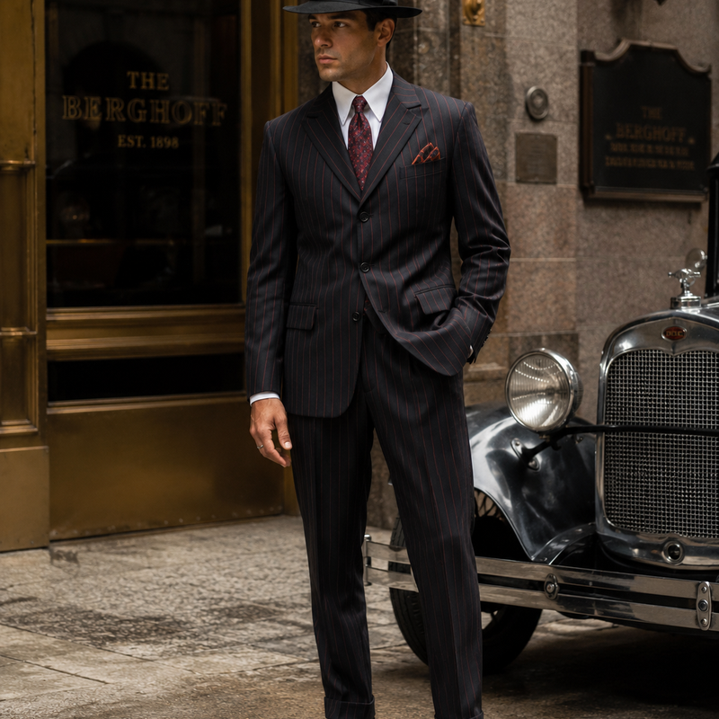 Herren Nadelstreifenanzug in Schwarz mit roten Streifen, Größe 94, mit Sakko und Hose im eleganten Gangster-Stil