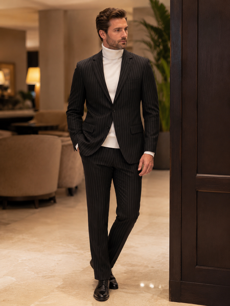 Eleganter Herren-Nadelstreifenanzug in Schwarz mit weißem Rollkragenpullover, getragen von einem Modell in stilvoller Indoor-Umgebung