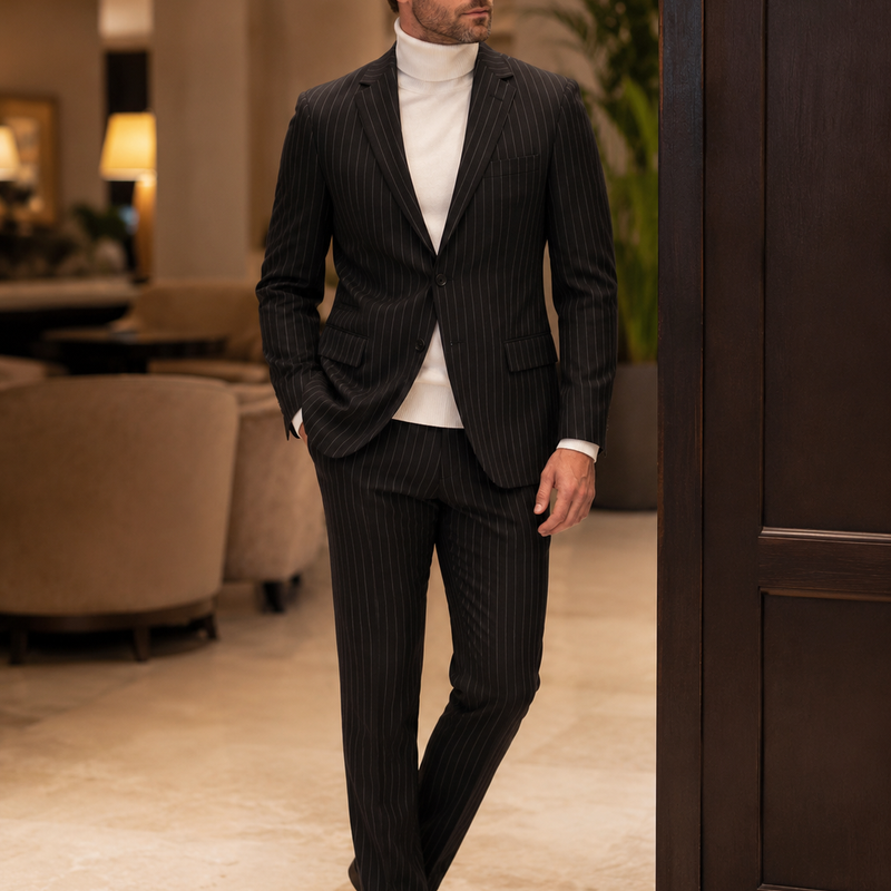 Eleganter Herren-Nadelstreifenanzug in Schwarz mit weißem Rollkragenpullover, getragen von einem Modell in stilvoller Indoor-Umgebung