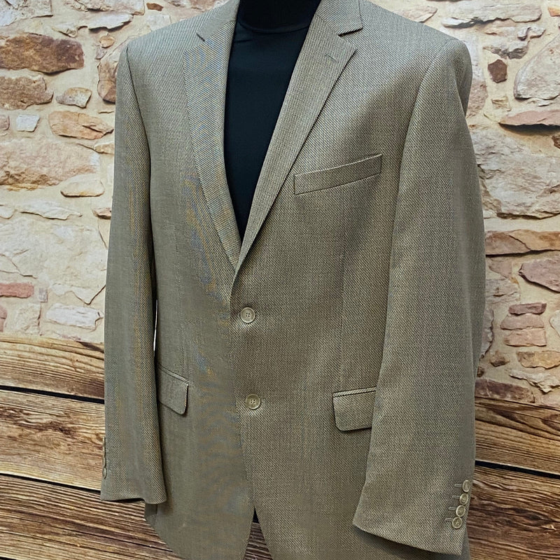 Beiges Herren-Sakko aus Royal Silk von Atelier Torino, Größe 50, neu mit Etikett, klassischer Schnitt mit Fischgrat-Muster.