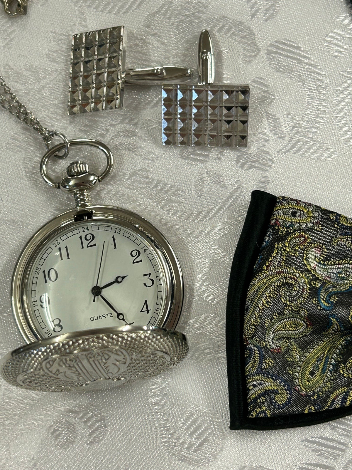 Herren 20er-Jahre-Set (Einheitsgröße) – Schwarz-Gold Paisley & Silber