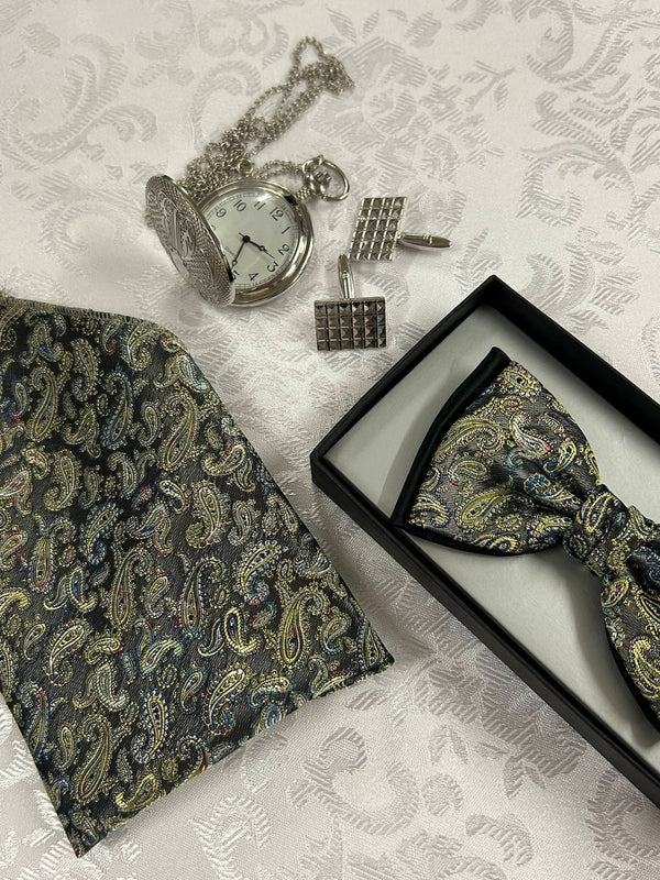 Herren 20er-Jahre-Set (Einheitsgröße) – Schwarz-Gold Paisley & Silber