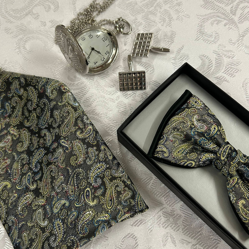 Herren 20er-Jahre-Set (Einheitsgröße) – Schwarz-Gold Paisley & Silber