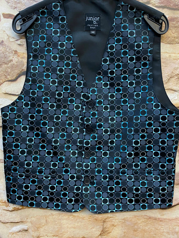 „Festliche Jungen Weste in Schwarz mit türkisem Kreis-Muster in Größe 140 für Kommunion oder Hochzeit“