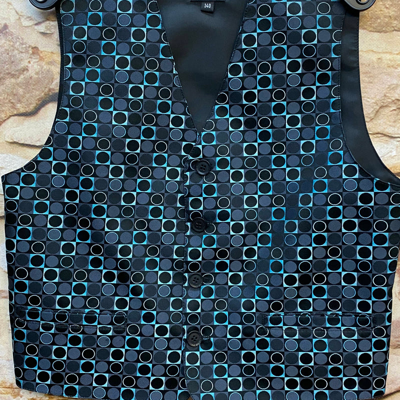 „Festliche Jungen Weste in Schwarz mit türkisem Kreis-Muster in Größe 140 für Kommunion oder Hochzeit“