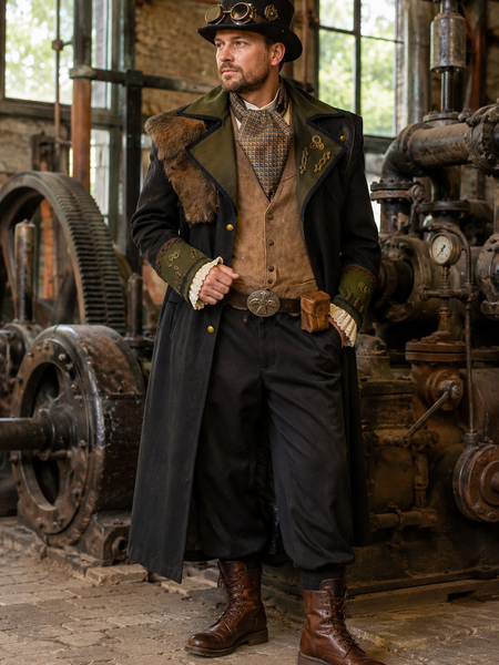 KI generiert: Steampunk Herren Kostüm mit schwarzem Mantel, grünen Details, Weste, Krawatte, Gürtel und Goggles in realer industrieller Umgebung.