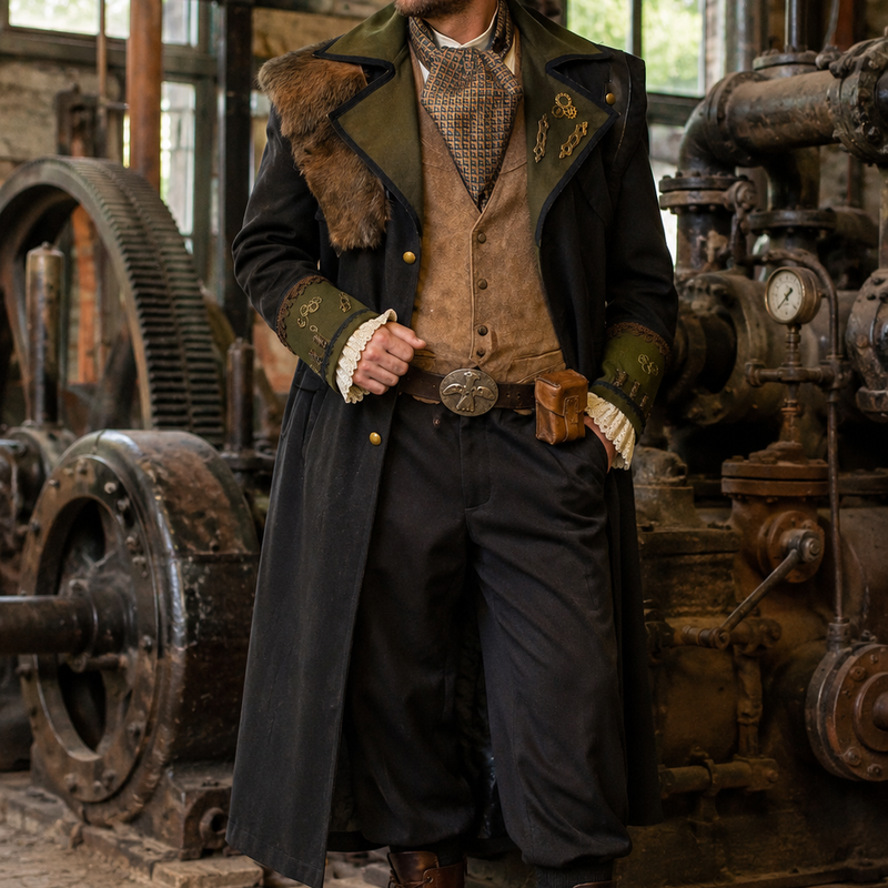 KI generiert: Steampunk Herren Kostüm mit schwarzem Mantel, grünen Details, Weste, Krawatte, Gürtel und Goggles in realer industrieller Umgebung.