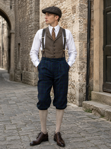 KI-generiertes Bild: Herren 20er Jahre Outfit mit blaugrün karierter Knickerbocker Gr. 50, Weste, Hosenträgern, Schiebermütze und Kniestrümpfen.