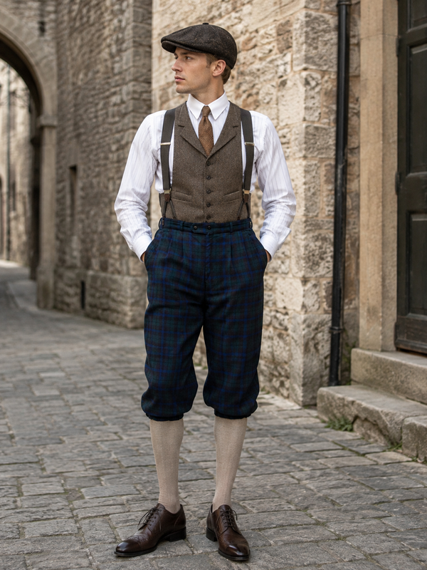 KI-generiertes Bild: Herren 20er Jahre Outfit mit blaugrün karierter Knickerbocker Gr. 50, Weste, Hosenträgern, Schiebermütze und Kniestrümpfen.