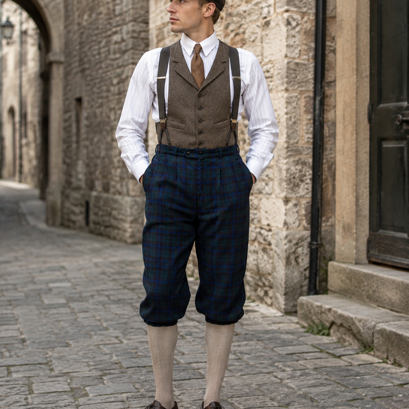 KI-generiertes Bild: Herren 20er Jahre Outfit mit blaugrün karierter Knickerbocker Gr. 50, Weste, Hosenträgern, Schiebermütze und Kniestrümpfen.