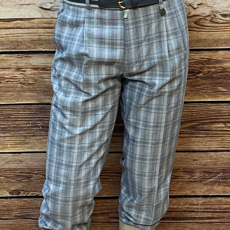 Graue, karierte Knickerbockerhose mit gerafftem Saum, Größe 50, Bundweite 90 cm, sehr guter Zustand – klassischer 20er-Jahre-Golfstil.