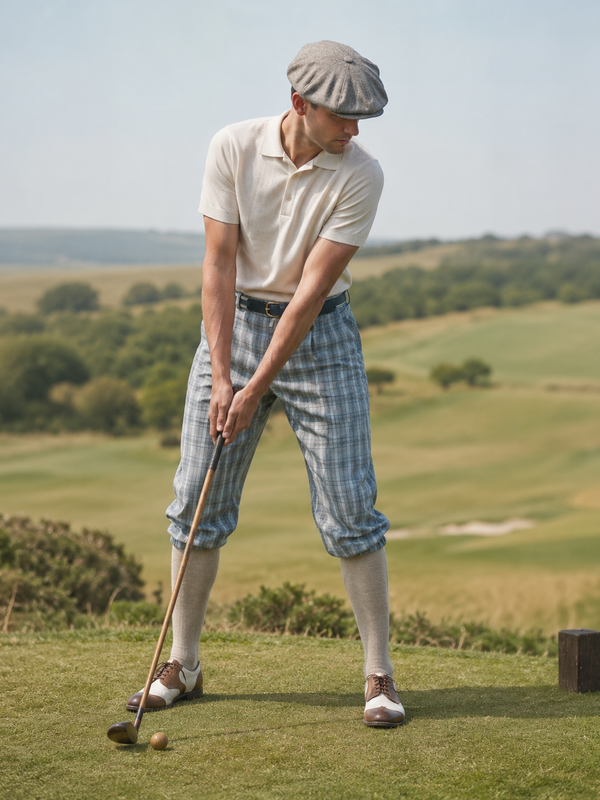 Model trägt grau karierte Knickerbocker im 20er Jahre Stil mit Poloshirt, Golfkappe und Kniestrümpfen beim Hickory Golf auf dem Golfplatz