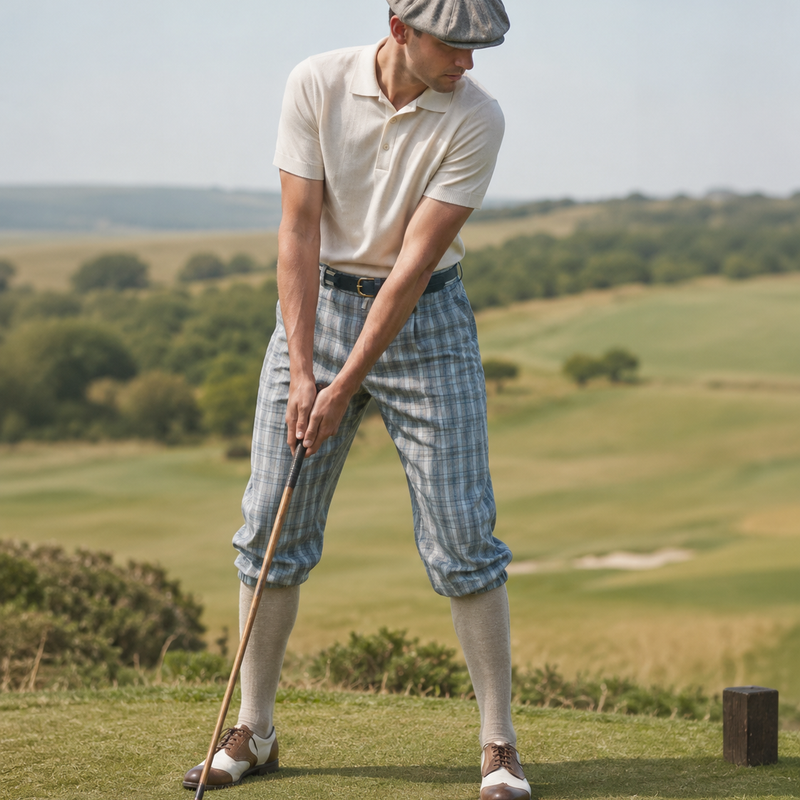 Model trägt grau karierte Knickerbocker im 20er Jahre Stil mit Poloshirt, Golfkappe und Kniestrümpfen beim Hickory Golf auf dem Golfplatz