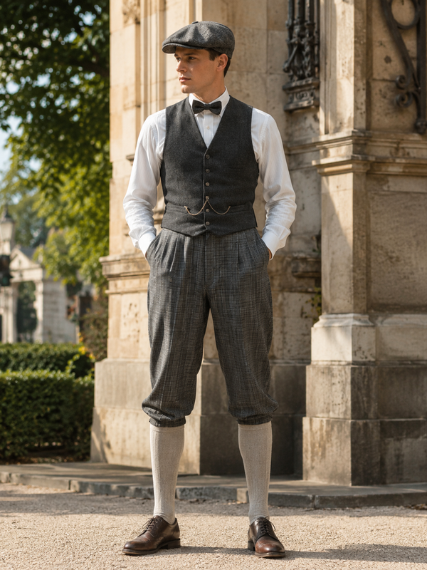 Graue karierte Knickerbocker Hose im 20er Jahre Stil, kombiniert mit Weste, Fliege, Schiebermütze und Kniestrümpfen vor historischer Architektur.