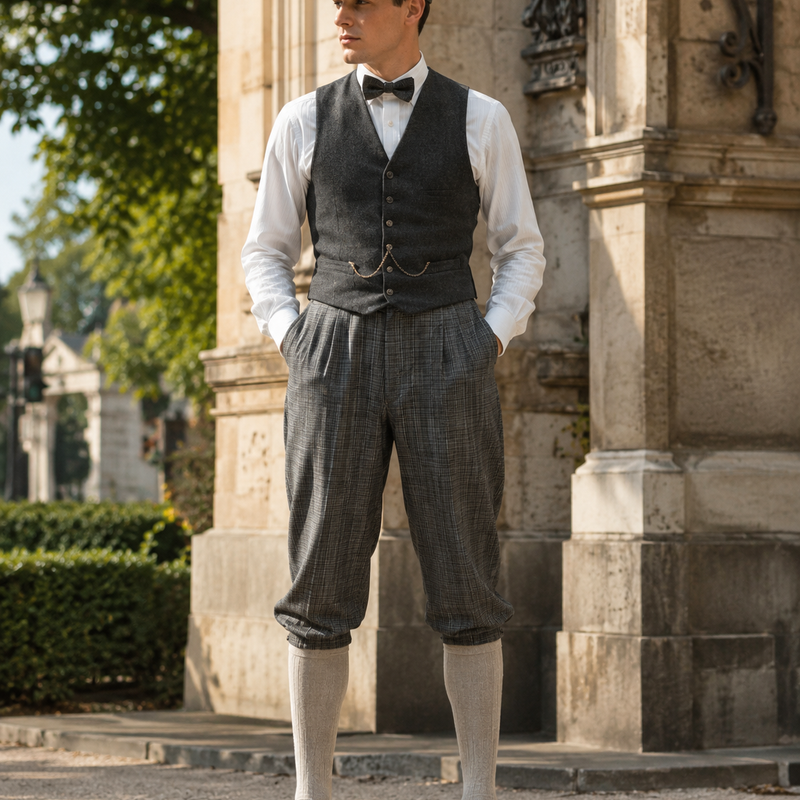 Graue karierte Knickerbocker Hose im 20er Jahre Stil, kombiniert mit Weste, Fliege, Schiebermütze und Kniestrümpfen vor historischer Architektur.