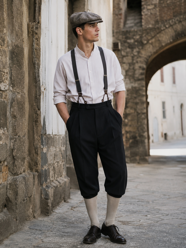 KI-generiertes Bild einer schwarzen Knickerbocker Hose im 20er Jahre Stil mit Hemd, Hosenträgern, Schiebermütze und Kniestrümpfen an echtem Modell in realer historischer Umgebung.