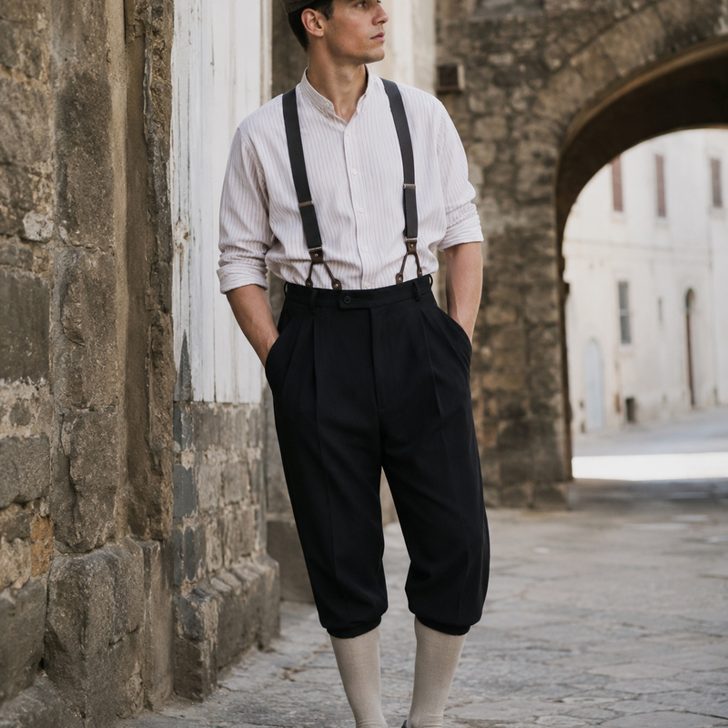 KI-generiertes Bild einer schwarzen Knickerbocker Hose im 20er Jahre Stil mit Hemd, Hosenträgern, Schiebermütze und Kniestrümpfen an echtem Modell in realer historischer Umgebung.
