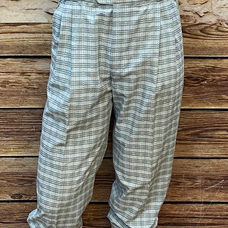 Hellgrau-beige karierte Knickerbockerhose mit blauen Linien, gerafftem Saum und Falten vorn, Größe 50, Bund 90 cm, ungetragen, sehr guter Zustand, 20er-Jahre-Stil.