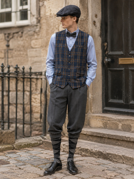 20er Jahre Herren Knickerbocker Outfit mit karierter Weste, Fliege, Flatcap und grauer Kniebundhose in historischer Umgebung