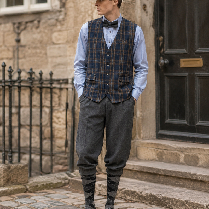 20er Jahre Herren Knickerbocker Outfit mit karierter Weste, Fliege, Flatcap und grauer Kniebundhose in historischer Umgebung