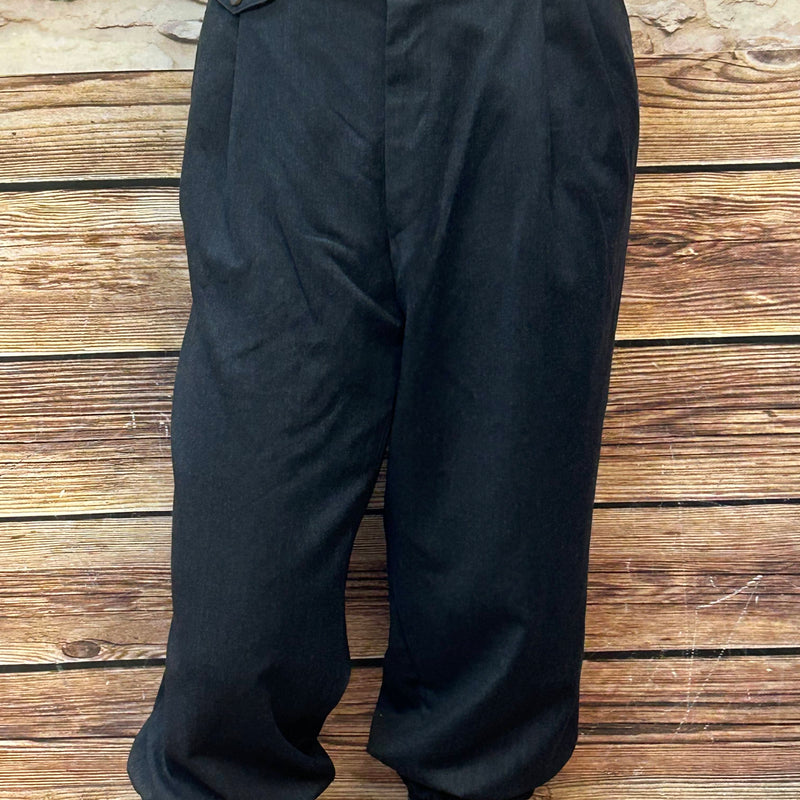 Vintage Knickerbocker-Hose aus dunkelanthrazitfarbener Schurwolle, Größe 58, Bundweite 109 cm, Beinabschluss mit Gummizug.