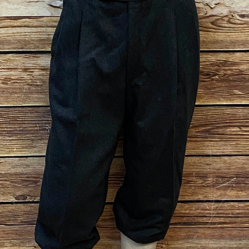 Dunkelgraue, wollene Knickerbockerhose mit gerafftem Saum, Größe 52, Bundweite 98 cm, sehr guter Vintage‑Zustand.