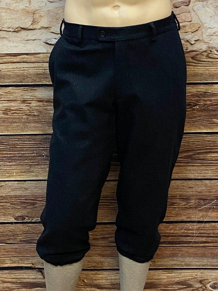 Dunkelblaue Vintage-Knickerbockerhose aus Schurwolle für Herren im 20er-Jahre-Stil – Paul Rosen London, Größe 52, Detailansicht und Komplettbild.