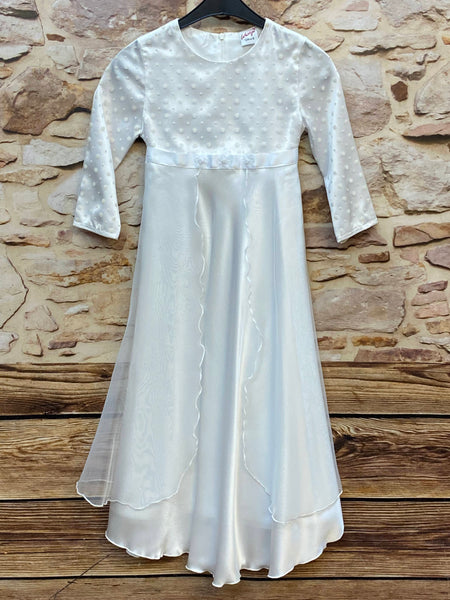 „Weißes Mädchenkleid mit Tüll und Blütentupfen in Größe 128“