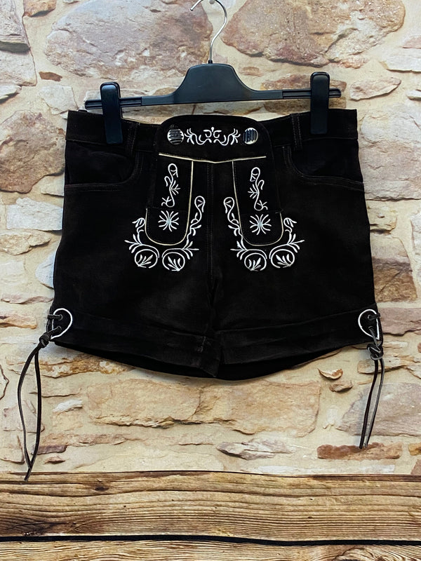 Kurze Damen Trachtenlederhose dunkelbraun Größe M mit heller Stickerei und Latz