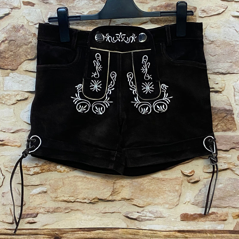 Kurze Damen Trachtenlederhose dunkelbraun Größe M mit heller Stickerei und Latz