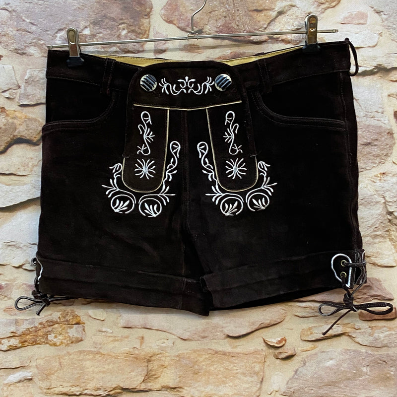 Kurze Vintage Trachten Lederhose Damen Größe L dunkelbraun aus Echtleder mit heller Stickerei und Schnürungen