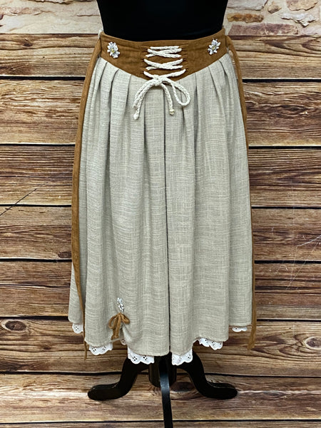 „Kurzer beiger Trachtenrock mit braunem Bund und Kordelschnürung vorn, Größe 32“