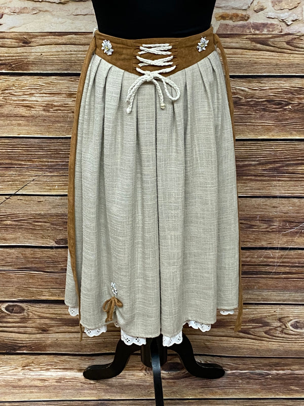 „Kurzer beiger Trachtenrock mit braunem Bund und Kordelschnürung vorn, Größe 32“