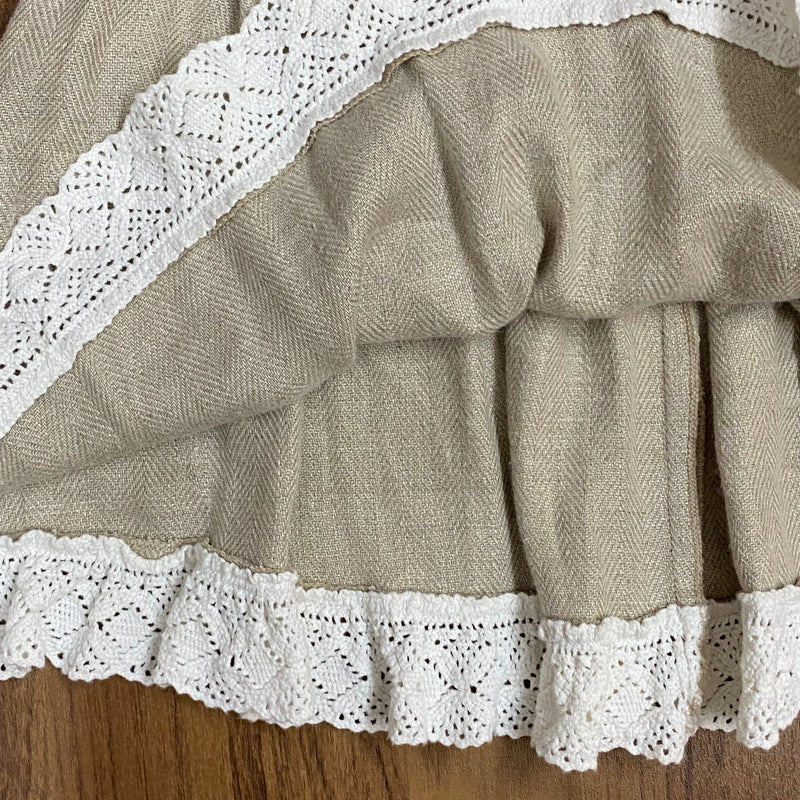 „Detailaufnahme Innenansicht des Trachtenrocks mit weißer Klöppelspitze am Saum“