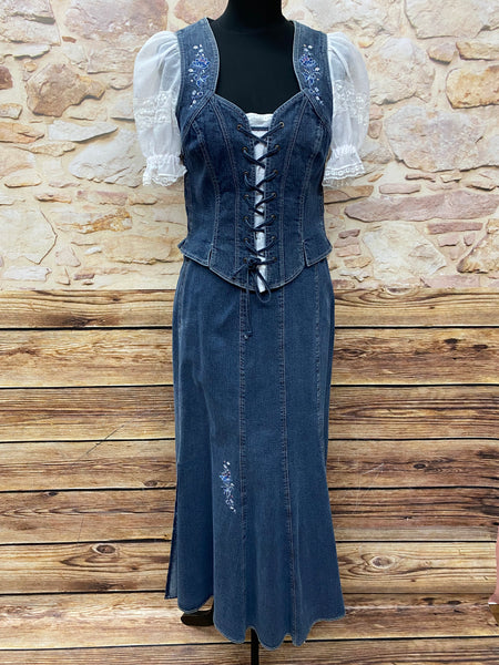 Landhaus-Trachtenzweiteiler Gr. 40 in dunkelblauem Denim-Look mit weißen Stickereien, bestehend aus Mieder und langem Rock