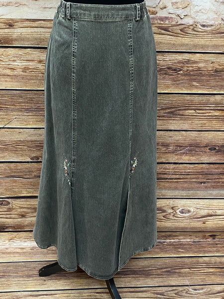 Langer Trachtenrock Jeansrock Landhaus-Stil Gr.38 mit toller Stickerei, grau/grün Vintage