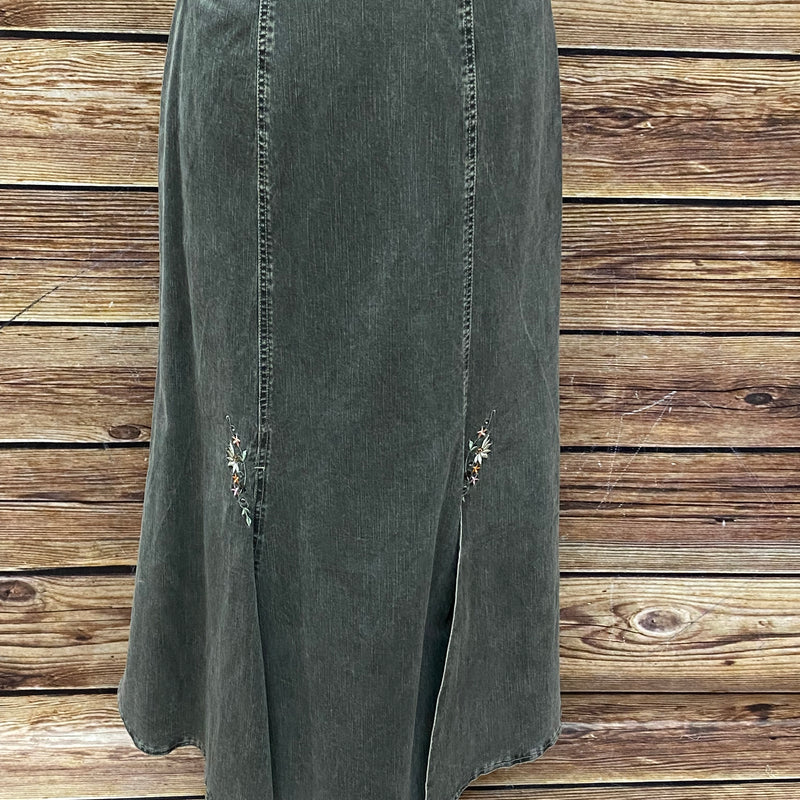 Langer Trachtenrock Jeansrock Landhaus-Stil Gr.38 mit toller Stickerei, grau/grün Vintage