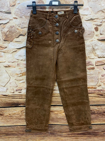 „Lange braune Damen Lederhose Gr. 34 von C&A Landhaus aus Echtleder mit dekorativen Metallknöpfen“