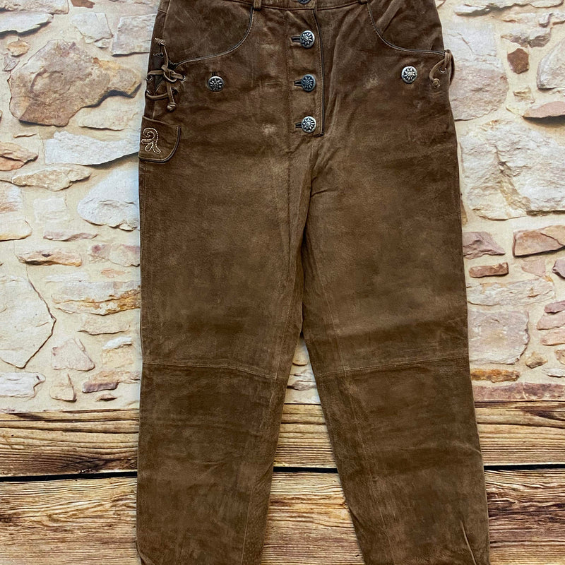 „Lange braune Damen Lederhose Gr. 34 von C&A Landhaus aus Echtleder mit dekorativen Metallknöpfen“