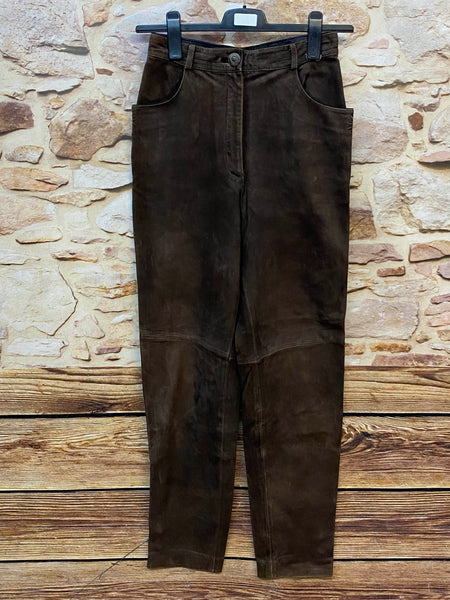 „Lange braune Damen Lederhose Gr. 36 von Tofana aus echtem Leder mit dekorativen Metallknöpfen“