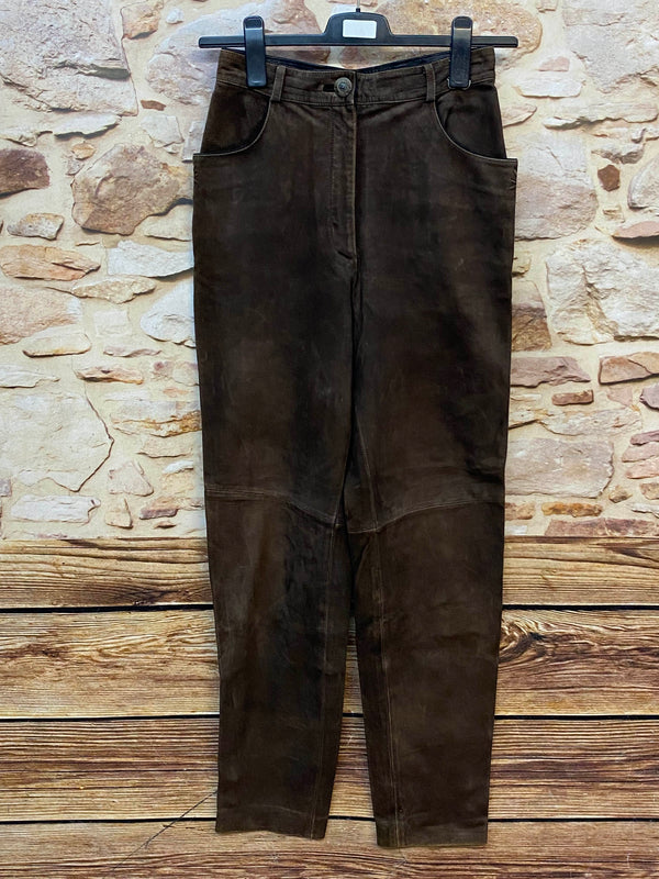 „Lange braune Damen Lederhose Gr. 36 von Tofana aus echtem Leder mit dekorativen Metallknöpfen“