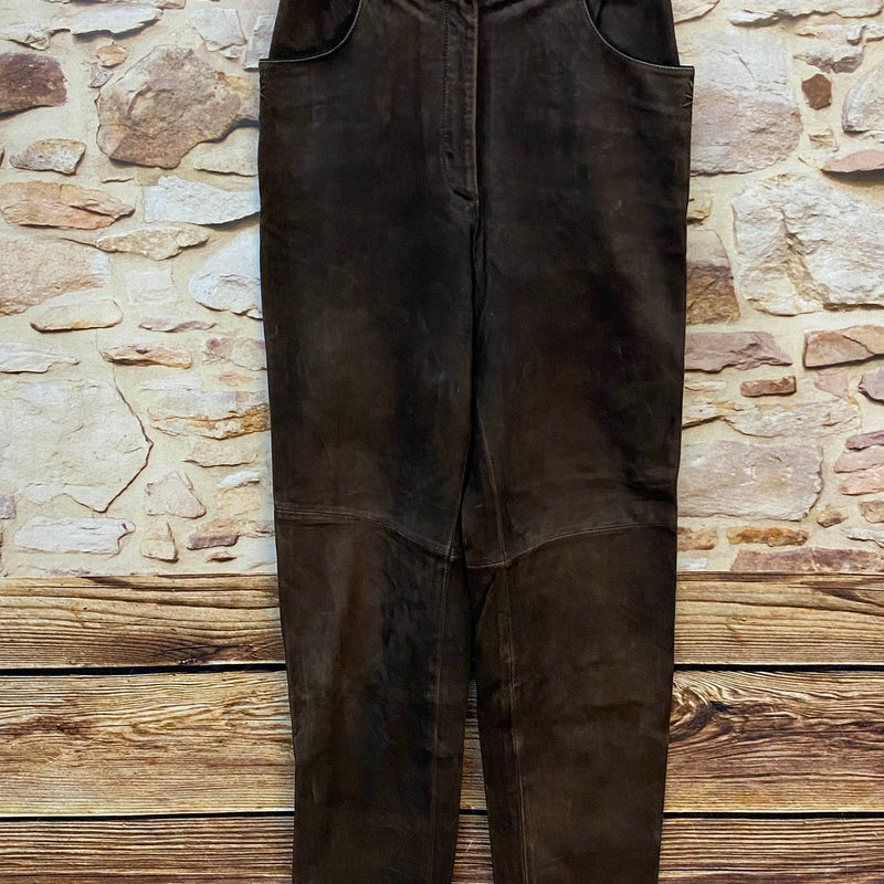 „Lange braune Damen Lederhose Gr. 36 von Tofana aus echtem Leder mit dekorativen Metallknöpfen“