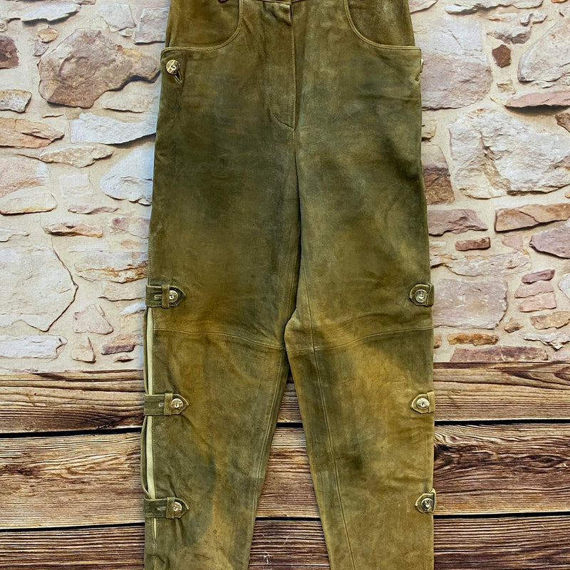 „Lange Damen Lederhose Gr. 36 von Kaiser Franz Josef Trachten in Olivbraun mit dekorativen Knöpfen“