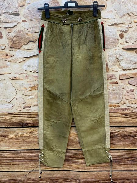 „Lange olivgrüne Damen Lederhose Gr. 38 aus echtem Leder mit hellen seitlichen Einsätzen“