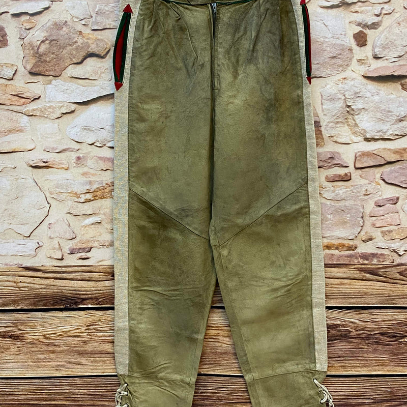 „Lange olivgrüne Damen Lederhose Gr. 38 aus echtem Leder mit hellen seitlichen Einsätzen“