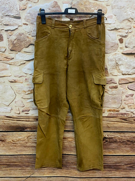 „Lange Lederhose Trachtenhose Größe 48 aus echtem Leder in olivbraun mit Beintaschen“